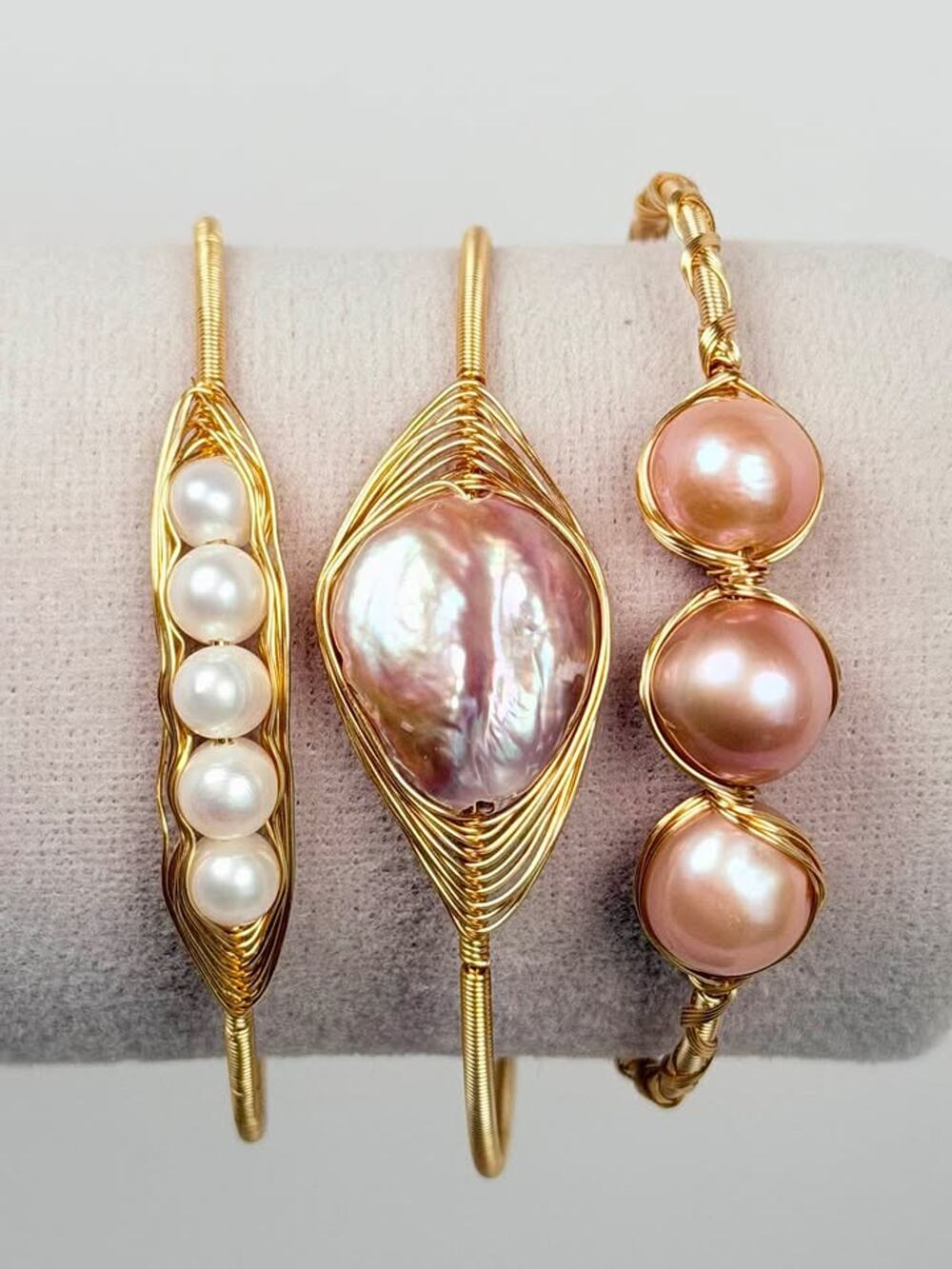 RARE!! Genuine Freshwater King Baroque Edison Pearl Bangles Set 3